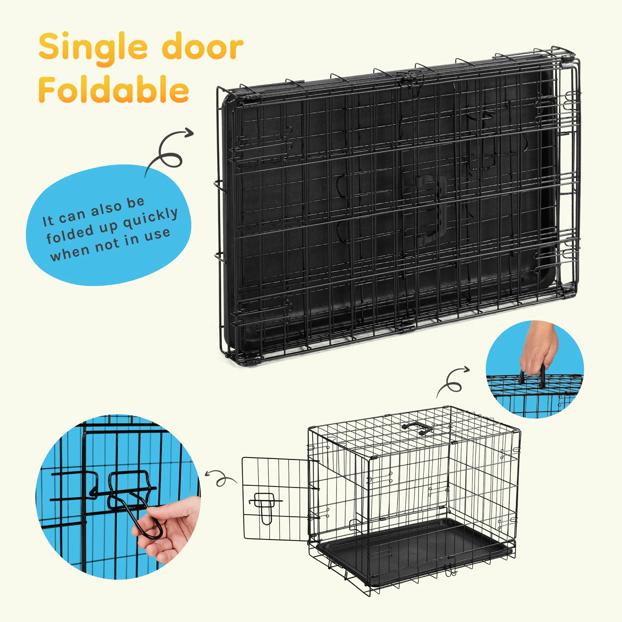 JHK Single Door 30 Inch Folding Metal Wire Dog Cage with Plastic Leak-Proof Pan Tray Extra Large Pet Kennel for Indoor Outdoo