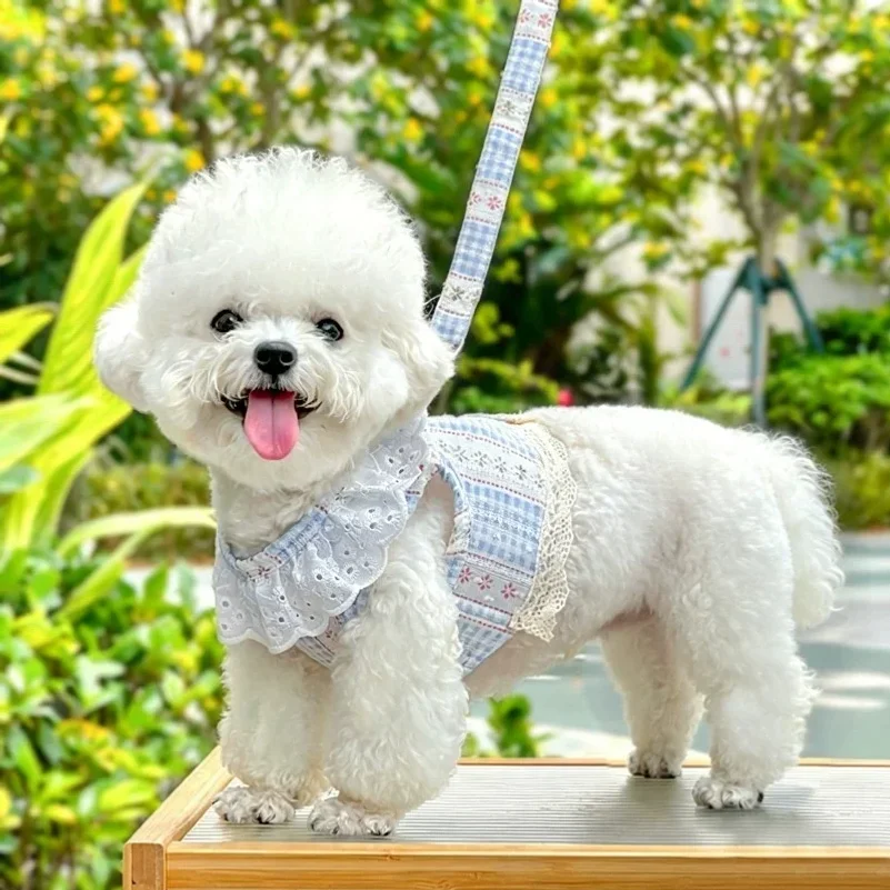 Sweet Lace Dog Harness with Rope Floral Print Pet Plaid Vest Fashion Puppy Jacket Summer Mesh Cat Harness Walking Pet Supplie