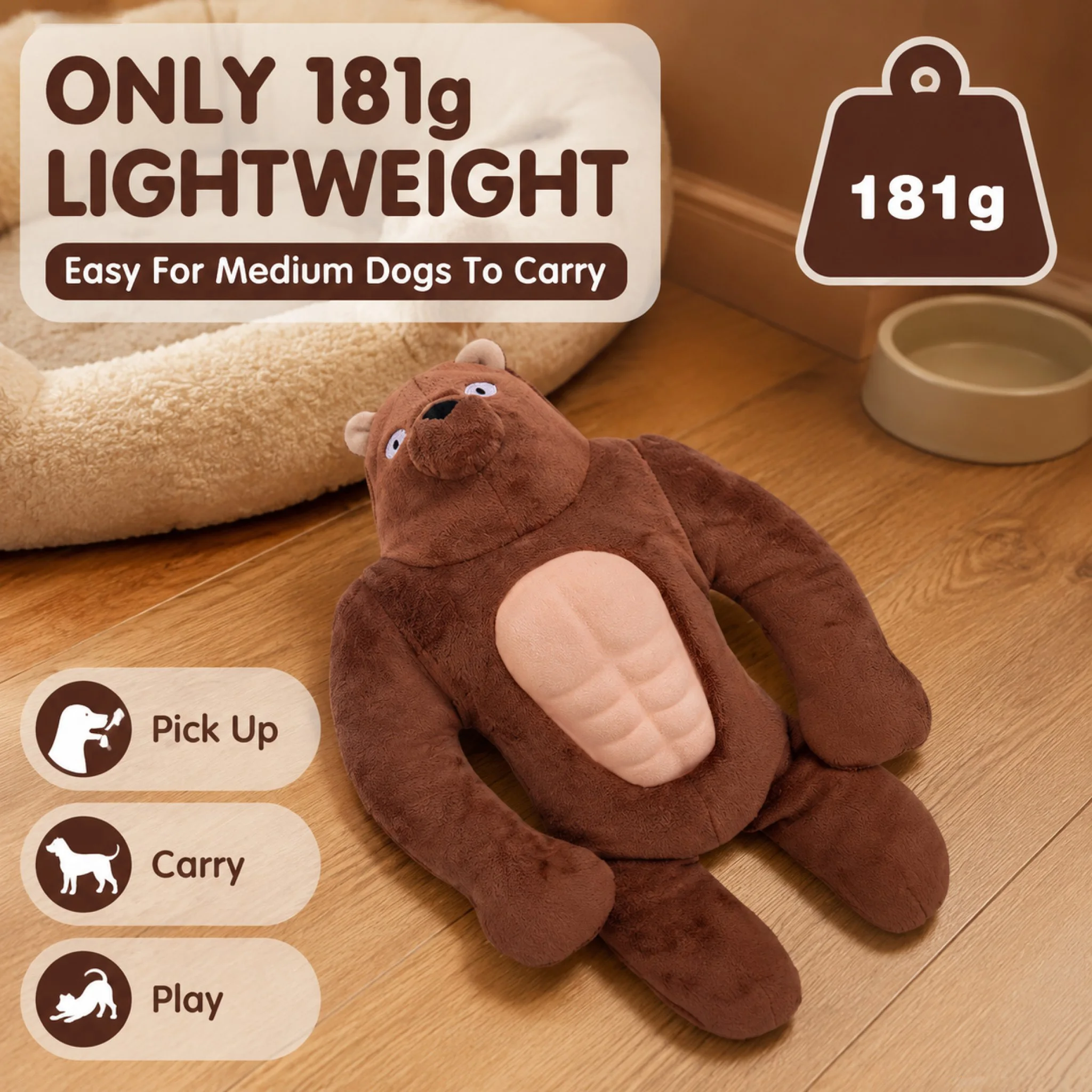 Squeaky Muscle Bear Dog Toy Plush Interactive Chew Toy Natural Rubber Belly Built in Squeaker for Small Medium Large Dogs Pla