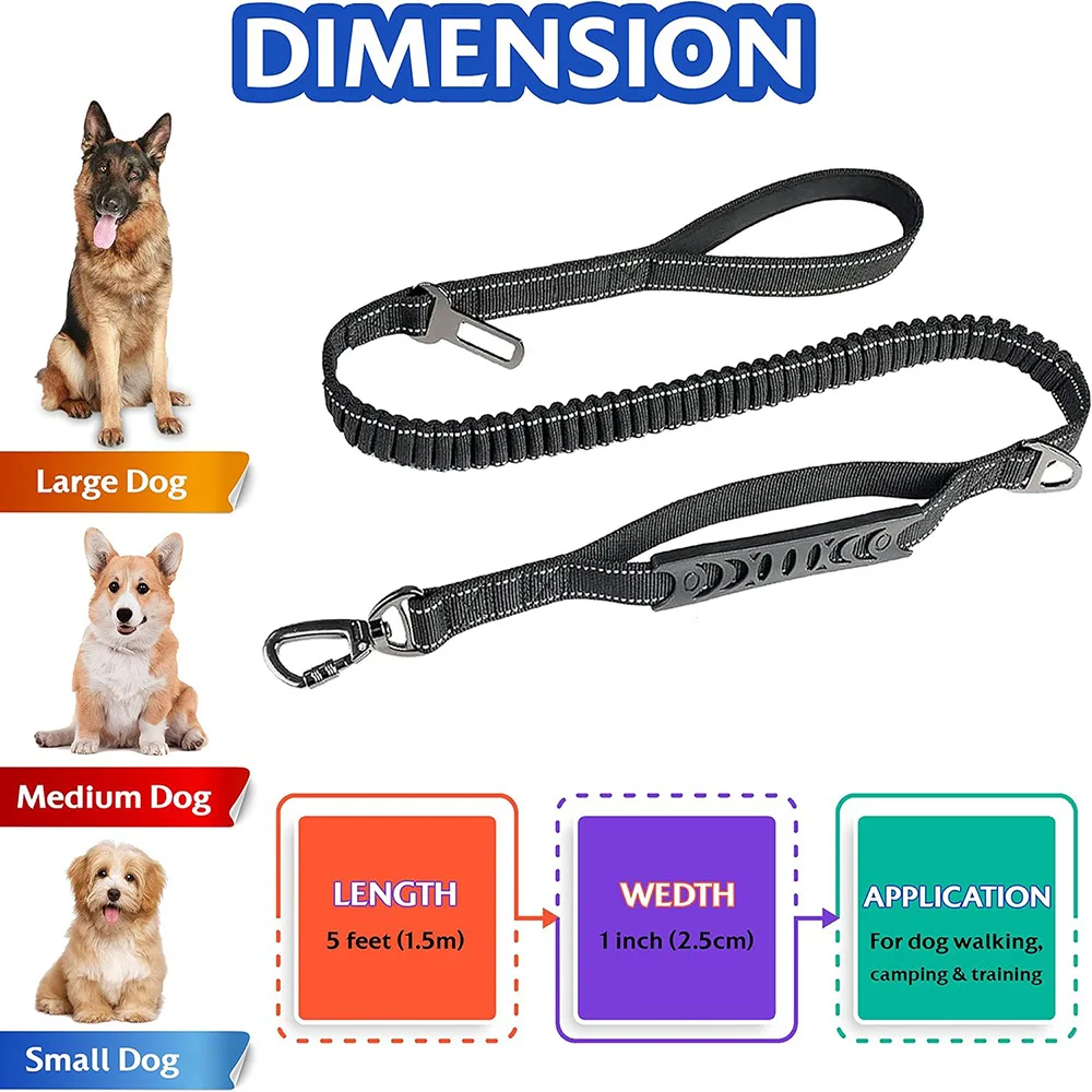 Fashion&cool Heavy Duty Dog Leash Especially Large Dogs,Reflective Dog Walking Training Shock Absorbing Bungee Car Seat Belt