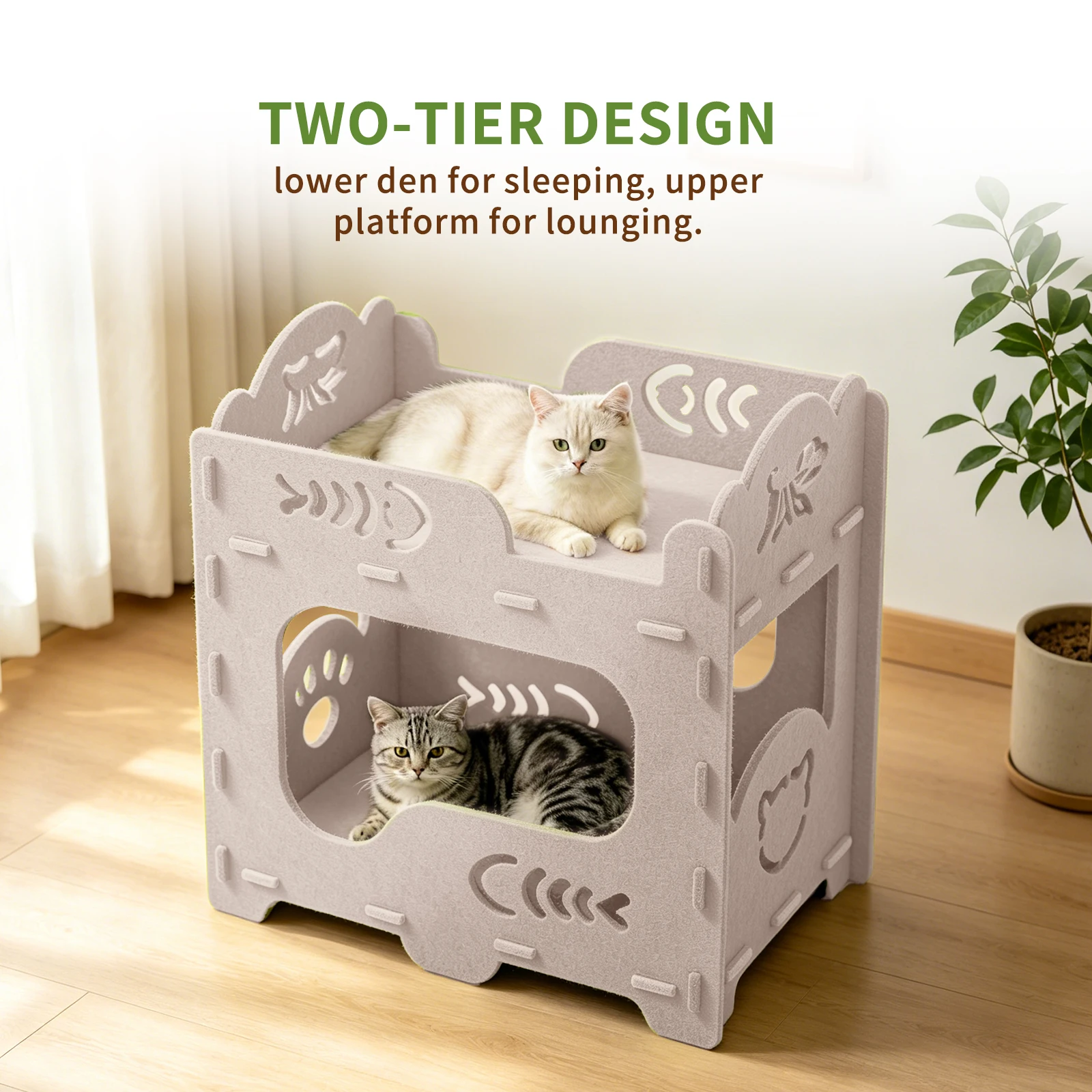 2-Tier Stackable Felt Cat House for Indoor Cats, Detachable Splicing Cat Cave Condo with Hollow Cutout Design, Multi-Layer In