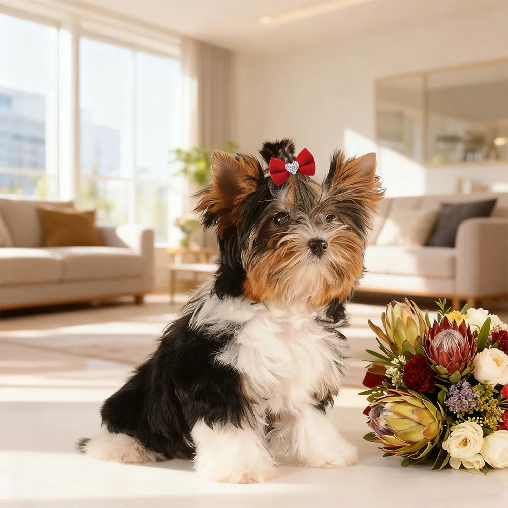 2PCS Diamonds Dog Bows With Rubber Bands Handmade Puppy Bowknots Valentine's Day Dog Hair Accessories Pet Supplies For Dogs