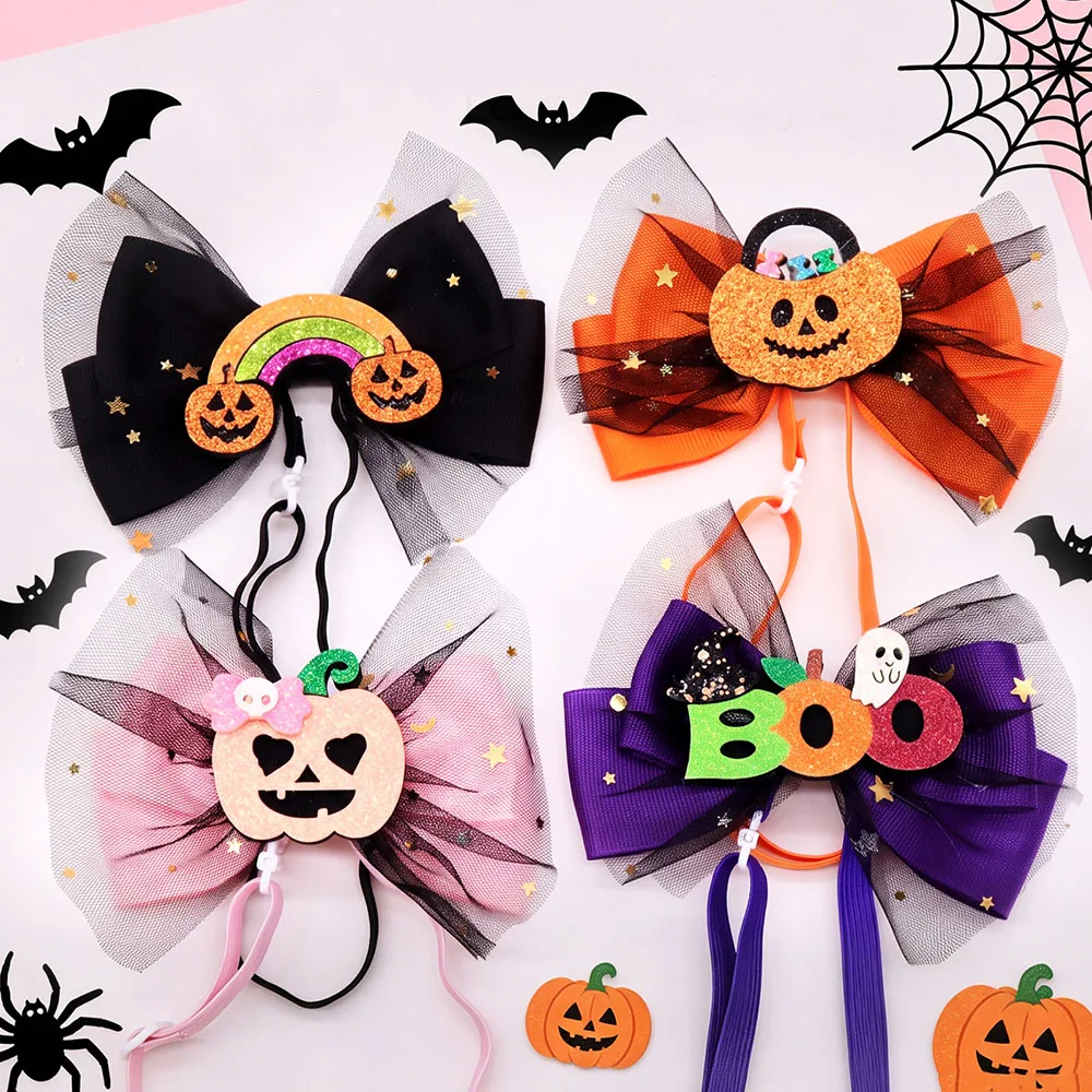 2/4PCS Cartoon Halloween Dog Hair Bows Pumpkin Decorate Adjustable Elastic Dog Bows Lace Puppy Grooming Accessories For Dogs