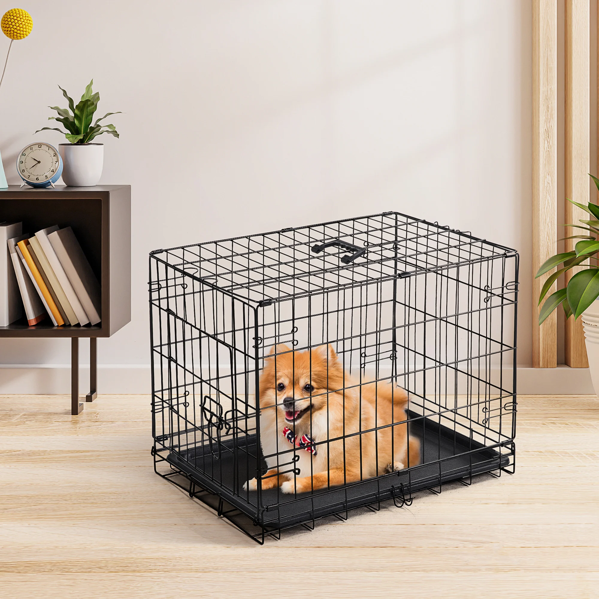 JHK Single Door 30 Inch Folding Metal Wire Dog Cage with Plastic Leak-Proof Pan Tray Extra Large Pet Kennel for Indoor Outdoo