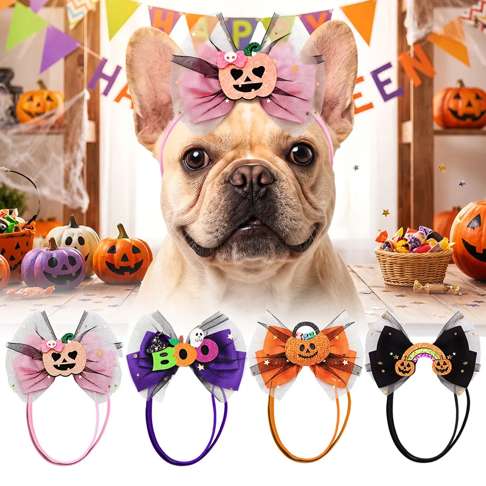 2/4PCS Cartoon Halloween Dog Hair Bows Pumpkin Decorate Adjustable Elastic Dog Bows Lace Puppy Grooming Accessories For Dogs