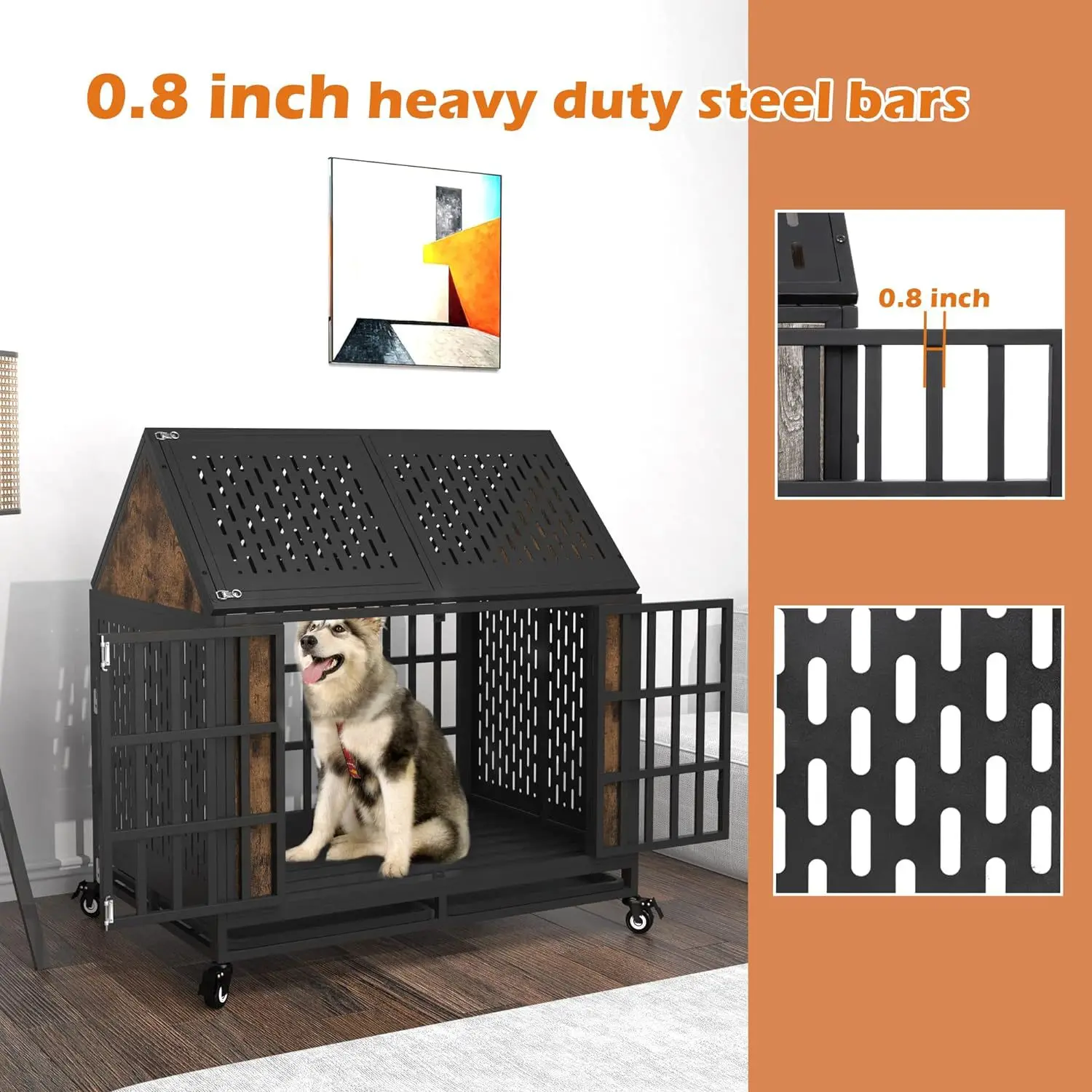 Dog Crate Reinforced Rugged Pet House Removable Large Dog Crate with Wheels
