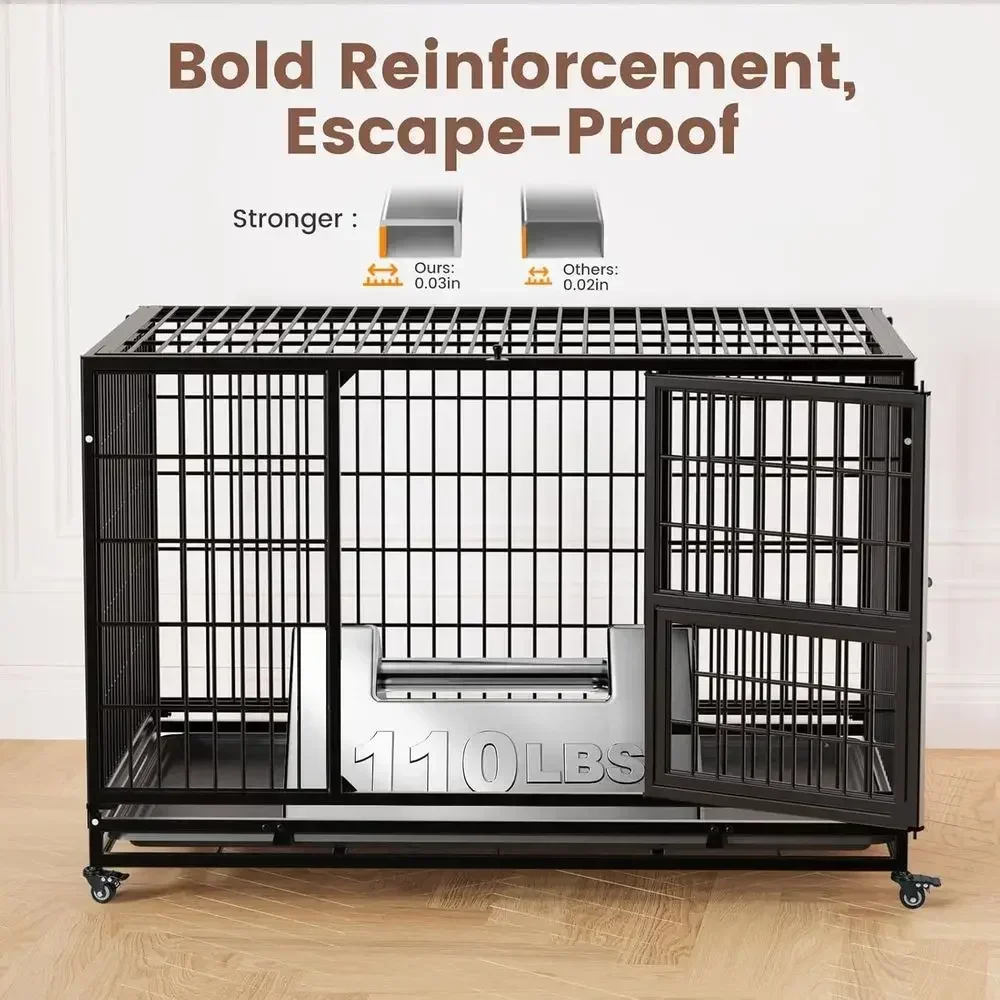 32 Inch Heavy-Duty Stackable Dog Crate, Indestructible Kennel for Small Dogs, Anxiety-Reducing Cage with Lockable Wheels, Rem