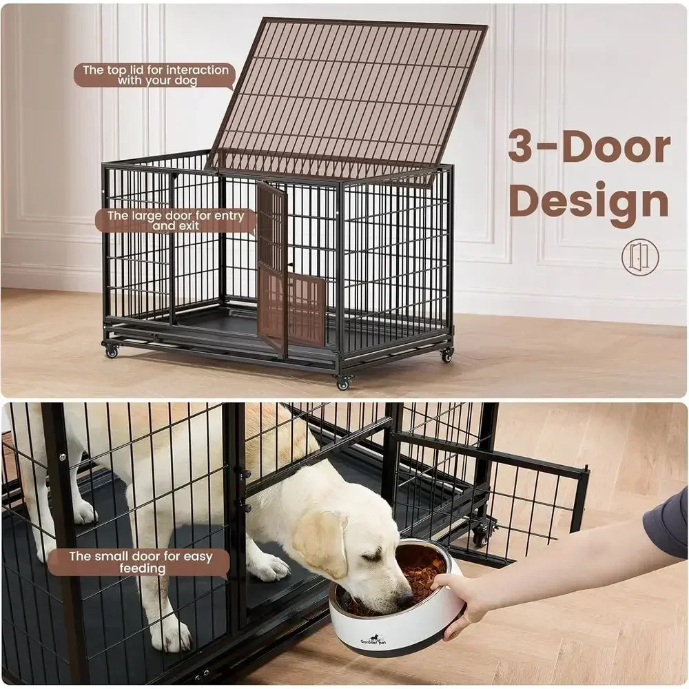 32 Inch Heavy-Duty Stackable Dog Crate, Indestructible Kennel for Small Dogs, Anxiety-Reducing Cage with Lockable Wheels, Rem