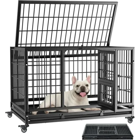 32 Inch Heavy-Duty Stackable Dog Crate, Indestructible Kennel for Small Dogs, Anxiety-Reducing Cage with Lockable Wheels, Remova