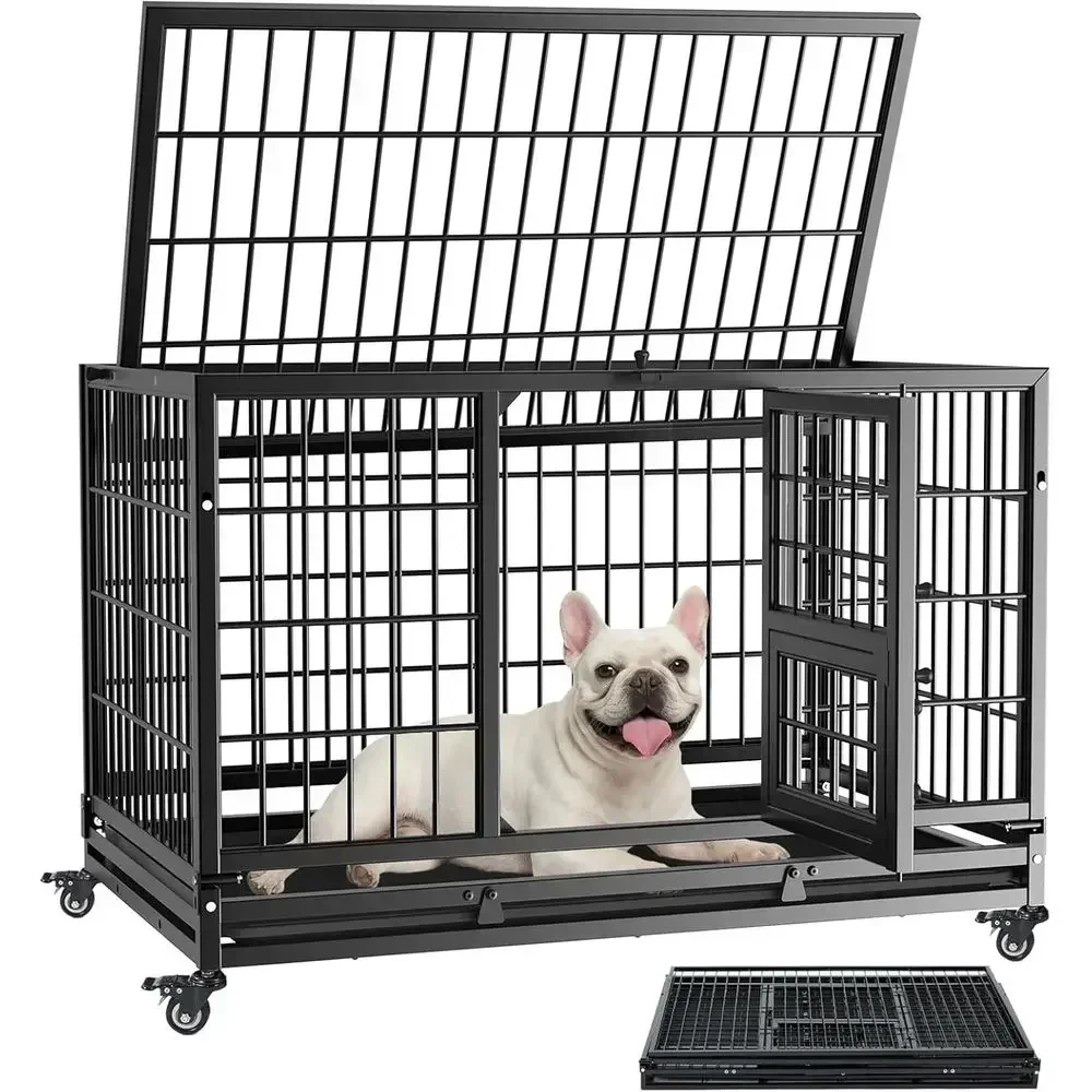 32 Inch Heavy-Duty Stackable Dog Crate, Indestructible Kennel for Small Dogs, Anxiety-Reducing Cage with Lockable Wheels, Rem