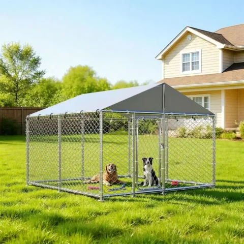 Sturdy 7.8'x7.8' Outdoor Dog Enclosure with Mesh, Lock, and Waterproof Cover for Large Breeds