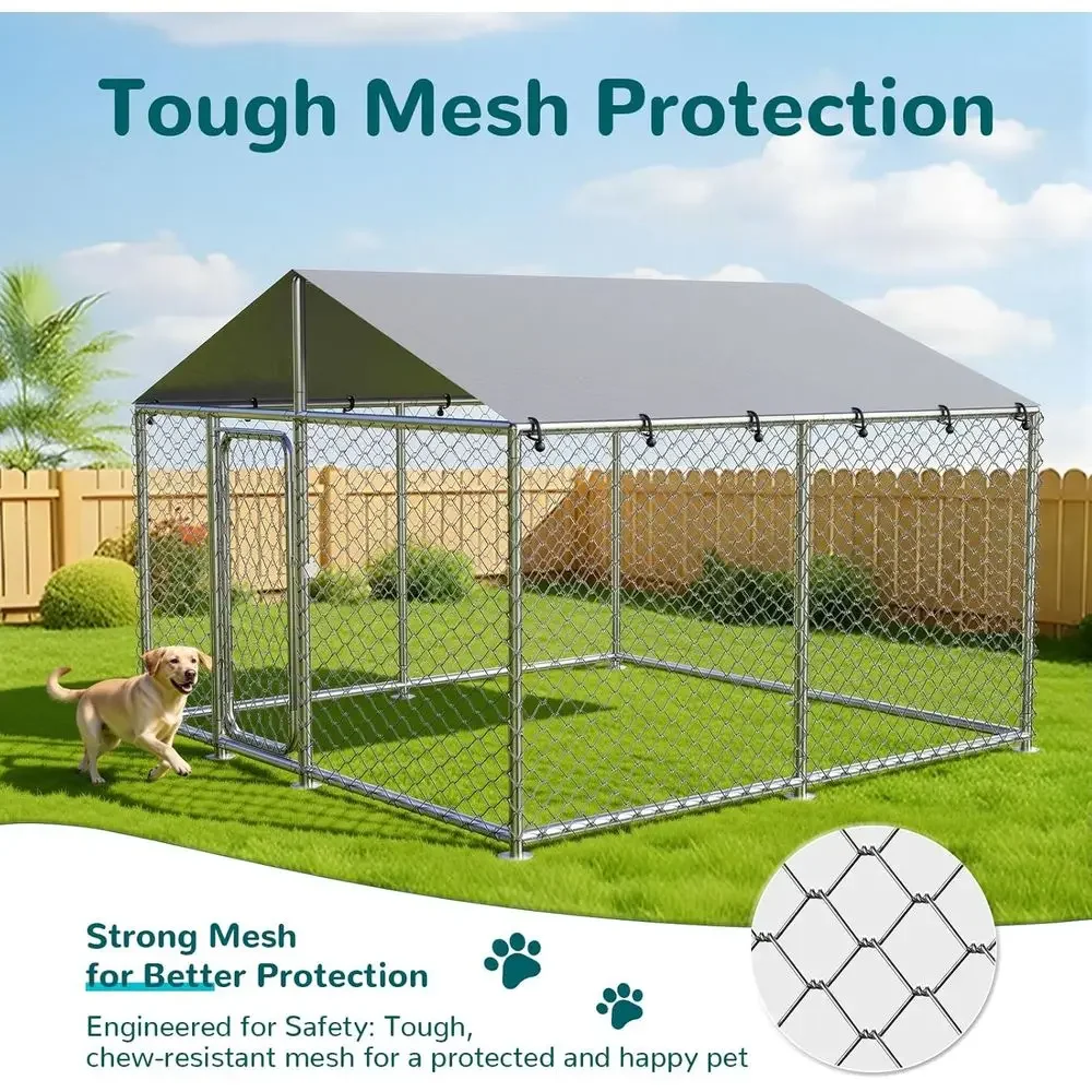 Sturdy 7.8'x7.8' Outdoor Dog Enclosure with Mesh, Lock, and Waterproof Cover for Large Breeds
