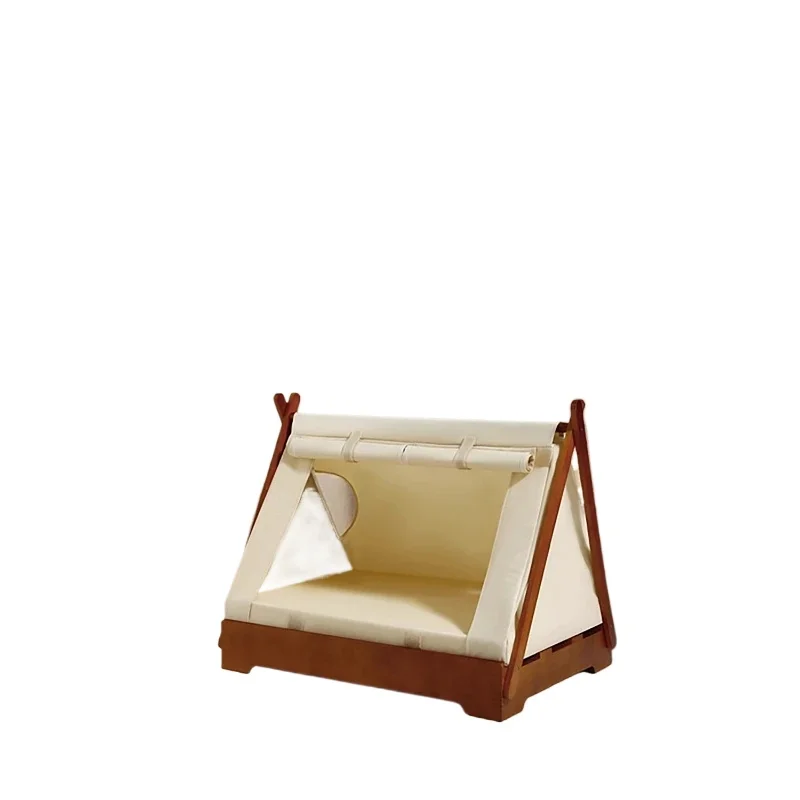 Wooden Pet Tent House - Washable Dog Bed for Small Dogs, Cat House with Removable Cover, Cozy Pet Tent for Indoor/Outdoor Use