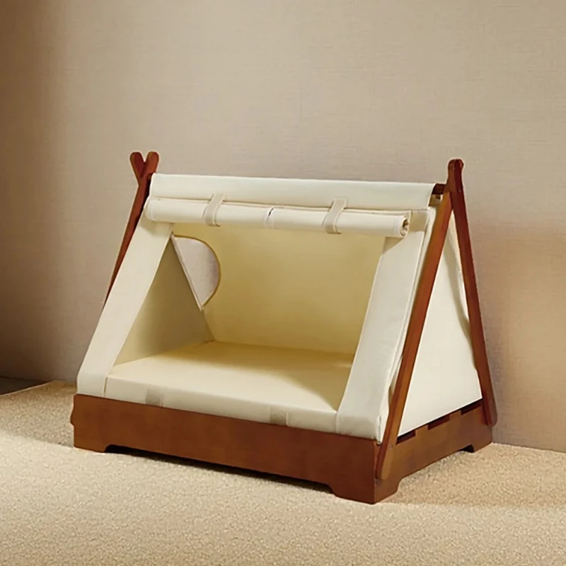 Wooden Pet Tent House - Washable Dog Bed for Small Dogs, Cat House with Removable Cover, Cozy Pet Tent for Indoor/Outdoor Use