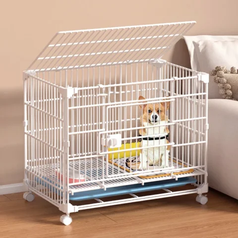 Superposable Pet Kennel Dog Villa Iron Wire Transport Cage Button Closure Solid Wheeled Indoor Small Dog Cage Protective Box