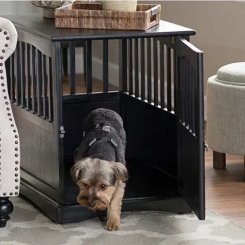 Dog Crate Kennel Cage Bed Night Stand and Table Wood Furniture Cave Pet Dog House Room Large Size Black