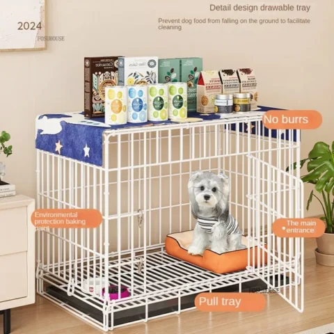 Iron Mesh Dog Cage Indoor Encrypted Bottom Protecting Feet Pet Dog House Large Space Dog Cage Includes Leak-Proof Pan