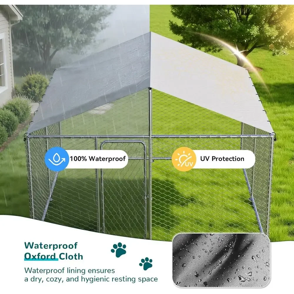 Sturdy 7.8'x7.8' Outdoor Dog Enclosure with Mesh, Lock, and Waterproof Cover for Large Breeds