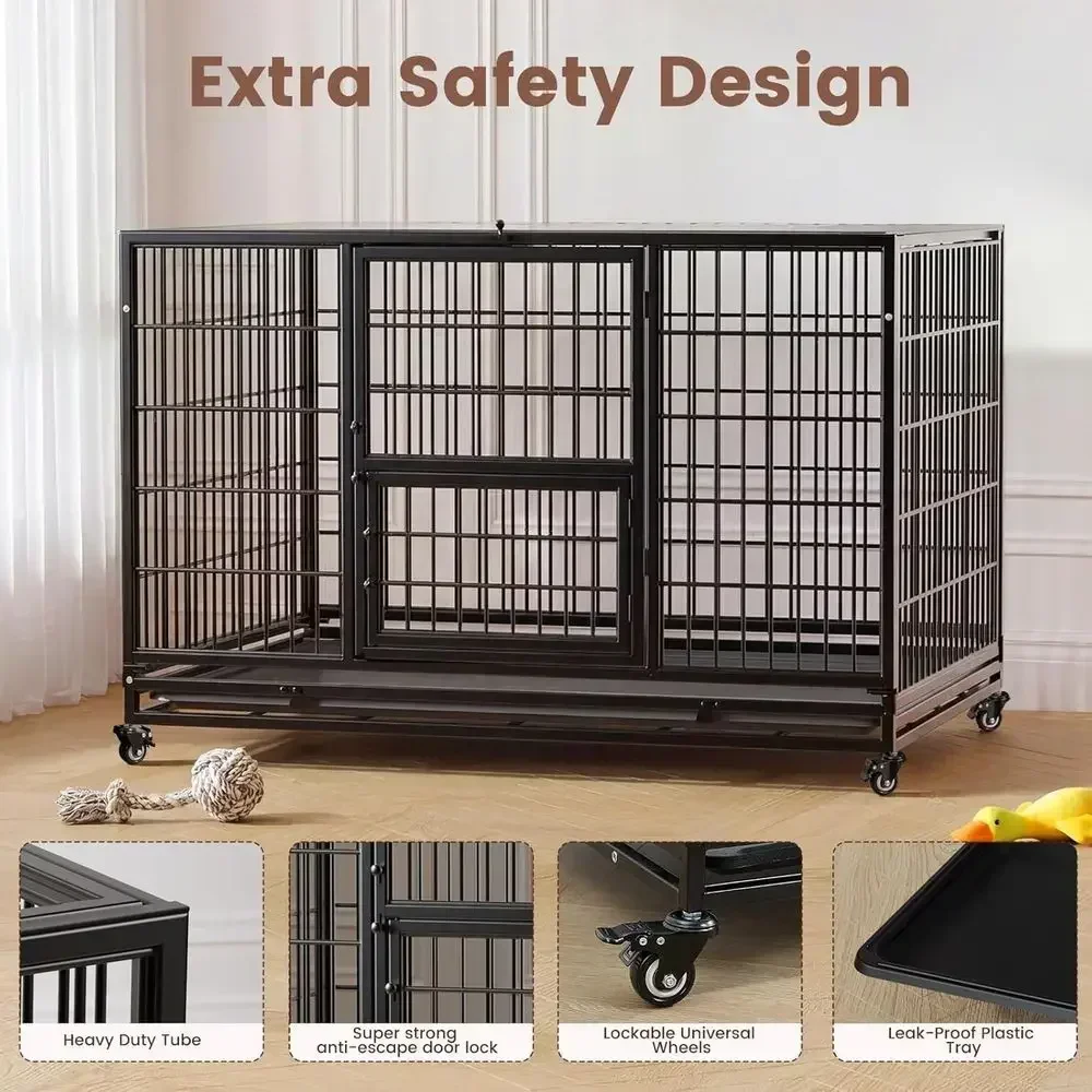 32 Inch Heavy-Duty Stackable Dog Crate, Indestructible Kennel for Small Dogs, Anxiety-Reducing Cage with Lockable Wheels, Rem