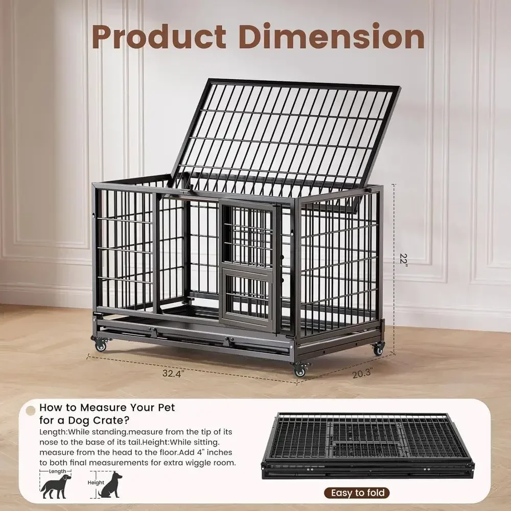 32 Inch Heavy-Duty Stackable Dog Crate, Indestructible Kennel for Small Dogs, Anxiety-Reducing Cage with Lockable Wheels, Rem