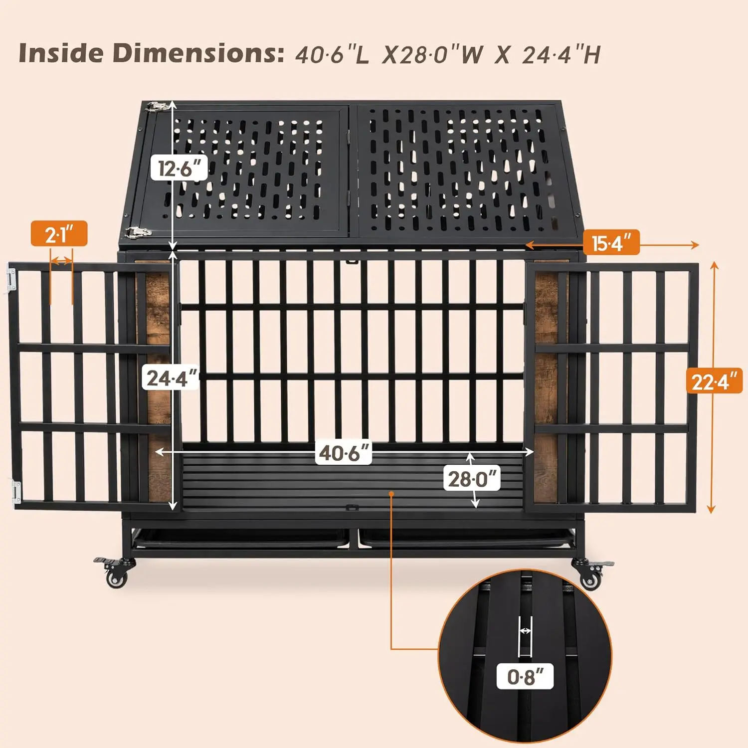 Dog Crate Reinforced Rugged Pet House Removable Large Dog Crate with Wheels
