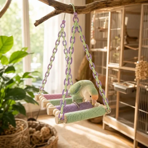 New Wooden Construction Bird Climbing Ladder Hanging Chewable Rungs Parrot Rope Ladder Cotton Rope Bird Cage Ladder Small Bir
