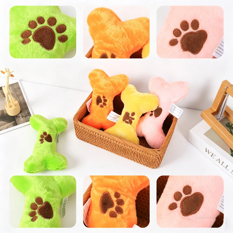 Cartoon Dog Bone Plush Toy, Squeaky Sound Toy, Teeth Grinding, Calming & Boredom Relief, Soft Pet Chew Toy for Puppies & Dogs