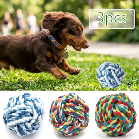 3 Pack Dog Ball Toys Knotted Cotton Rope Chew Balls Non-Toxic Bite Resistant Teething Stress Relief Interactive Toy for Beagl